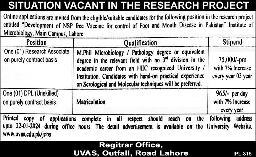 University Of Veterinary & Animal Sciences UVAS Lahore Jobs – University of Veterinary and Animal Sciences Lahore Jobs 2024 — original advertisement