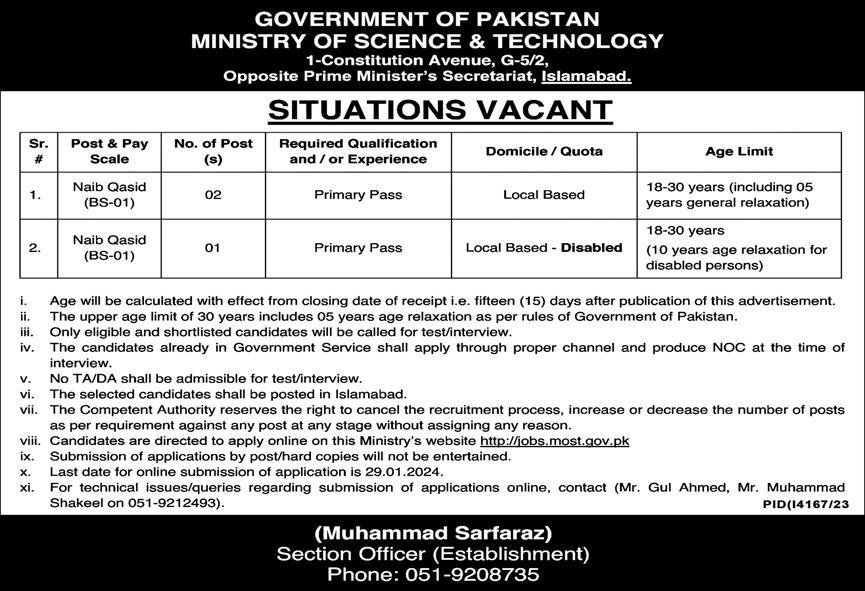 Ministry Of Science And Technology MOST Islamabad Job 2024 – Ministry of Science & Technology Islamabad Jobs 2024 — original advertisement