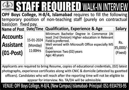 OPF Boys College Islamabad Jobs 2024 – OPF Public School Jobs 2024 — original advertisement