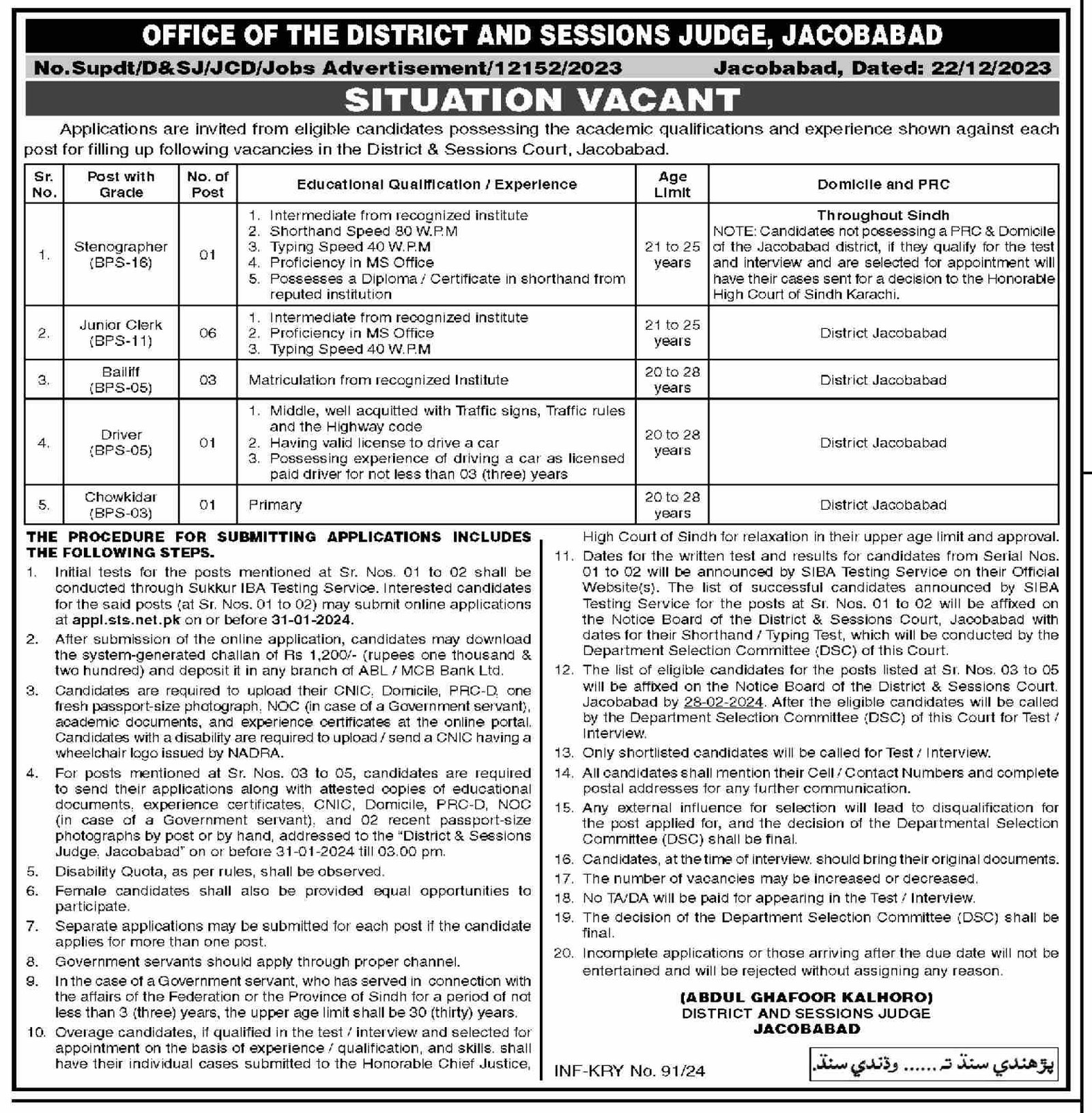 District & Session Court Jacobabad Jobs 2024 – District & Session Judge Jobs 2024 — original advertisement