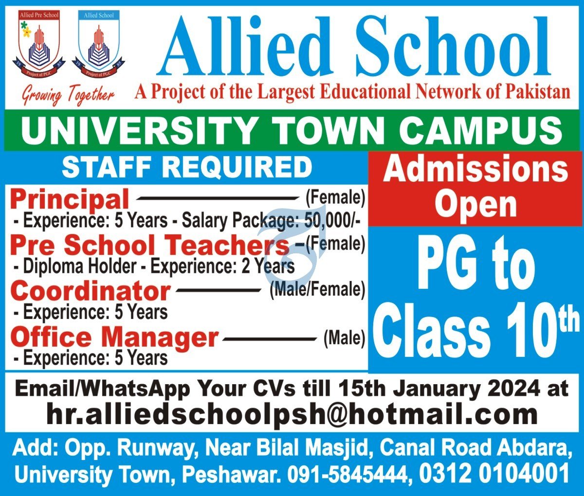 Allied School University Town Campus Peshawar Jobs 2024 – Allied School System Jobs 2024 — original advertisement