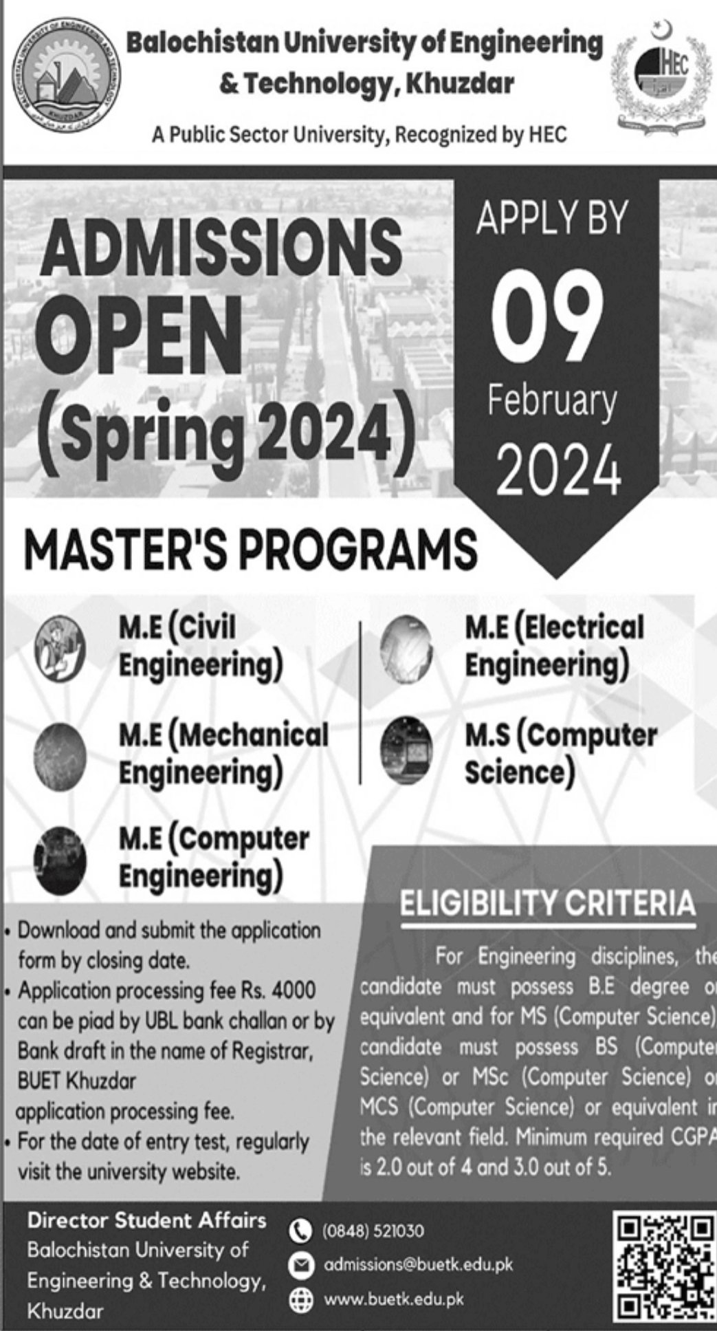 Admission Open in Balochistan University of engineering – Balochistan University of Engineering and Technology BUETK Khuzdar Admissions 2024 — original advertisement
