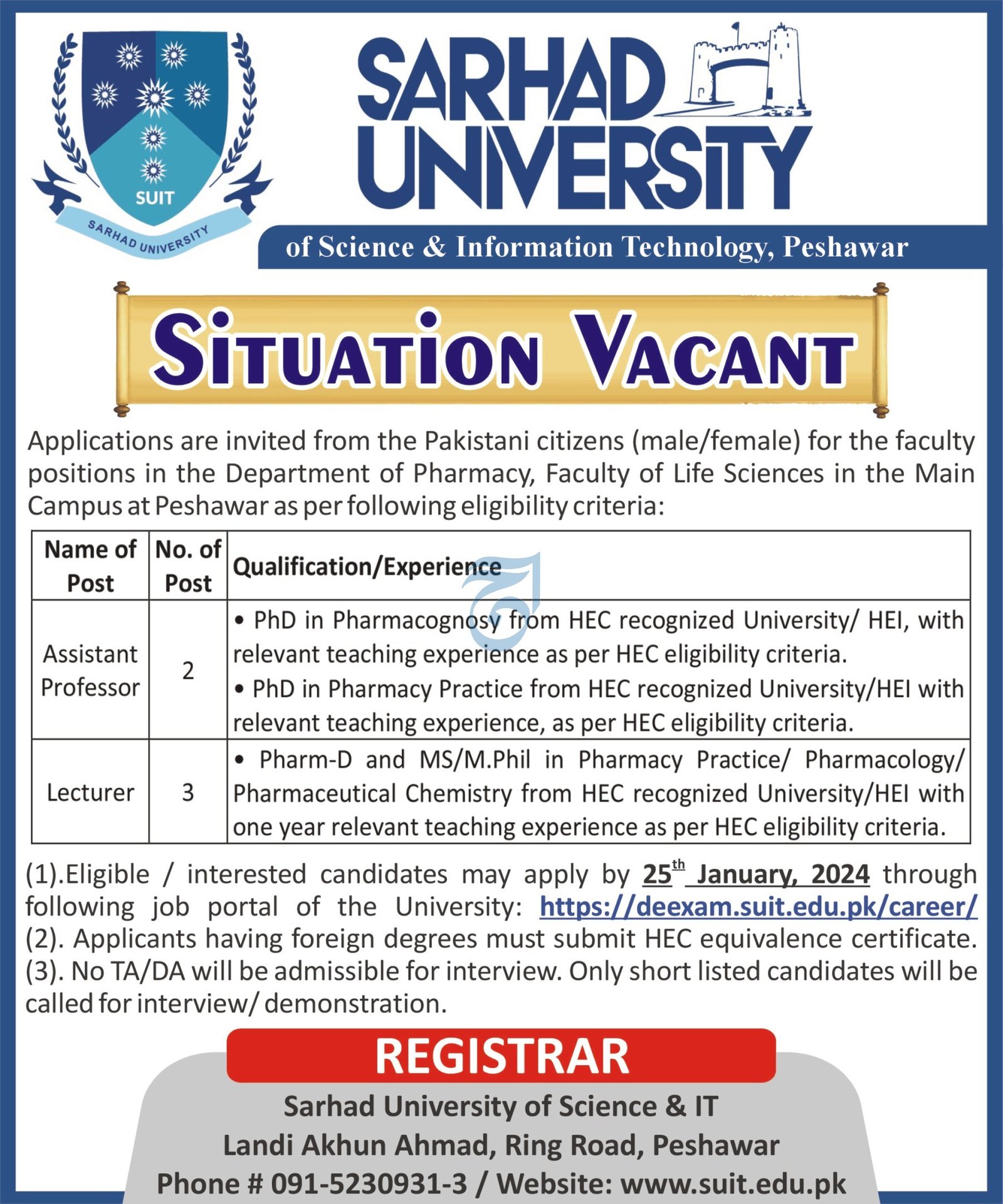 Sarhad University Peshawar Khyber Pakhtunkhwa Jobs 2023 – University of Peshawar Jobs 2024 — original advertisement