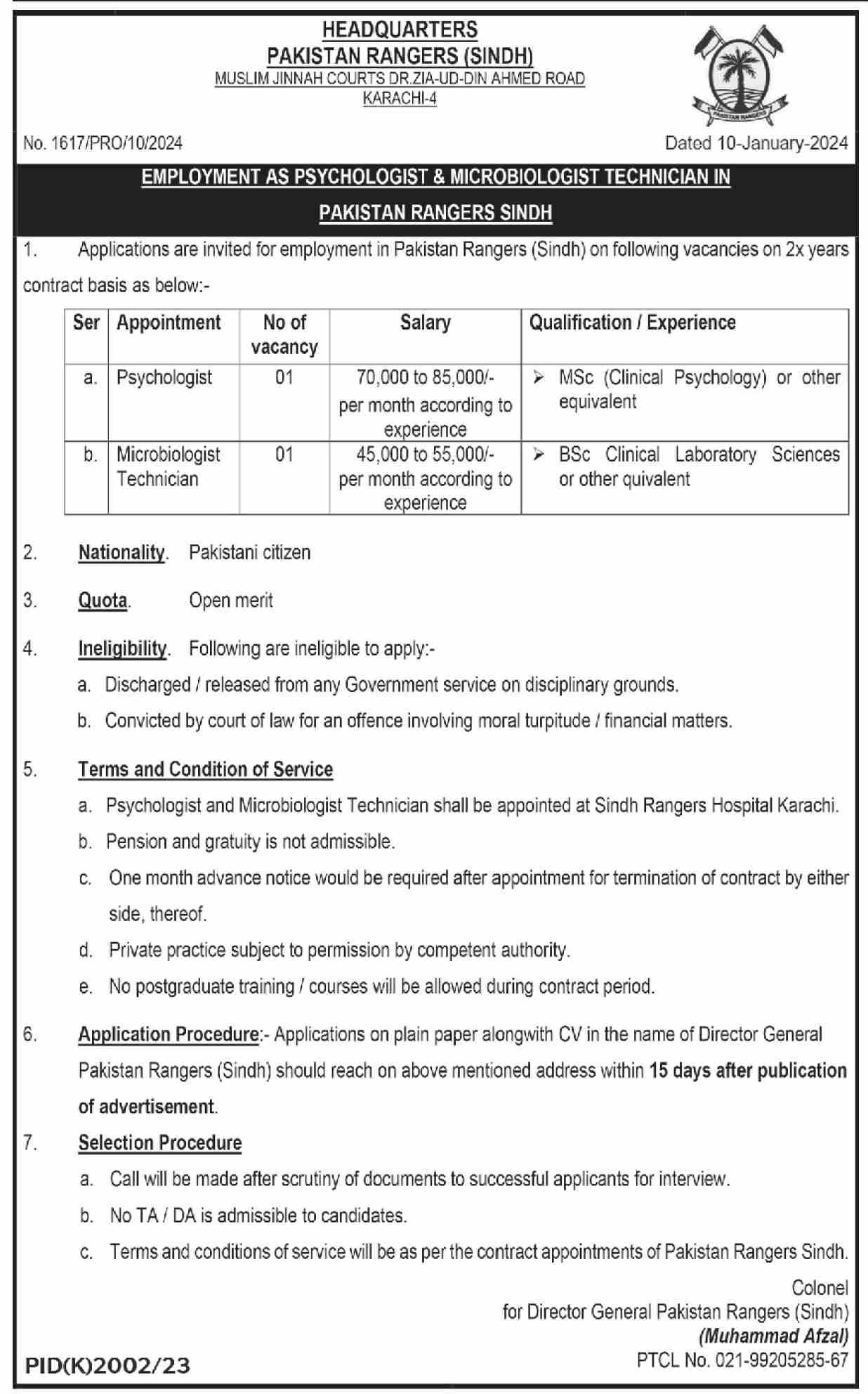 Pakistan Rangers Sindh Karachi Jobs 2024 – Sindh Rangers Jobs 2024 — original advertisement