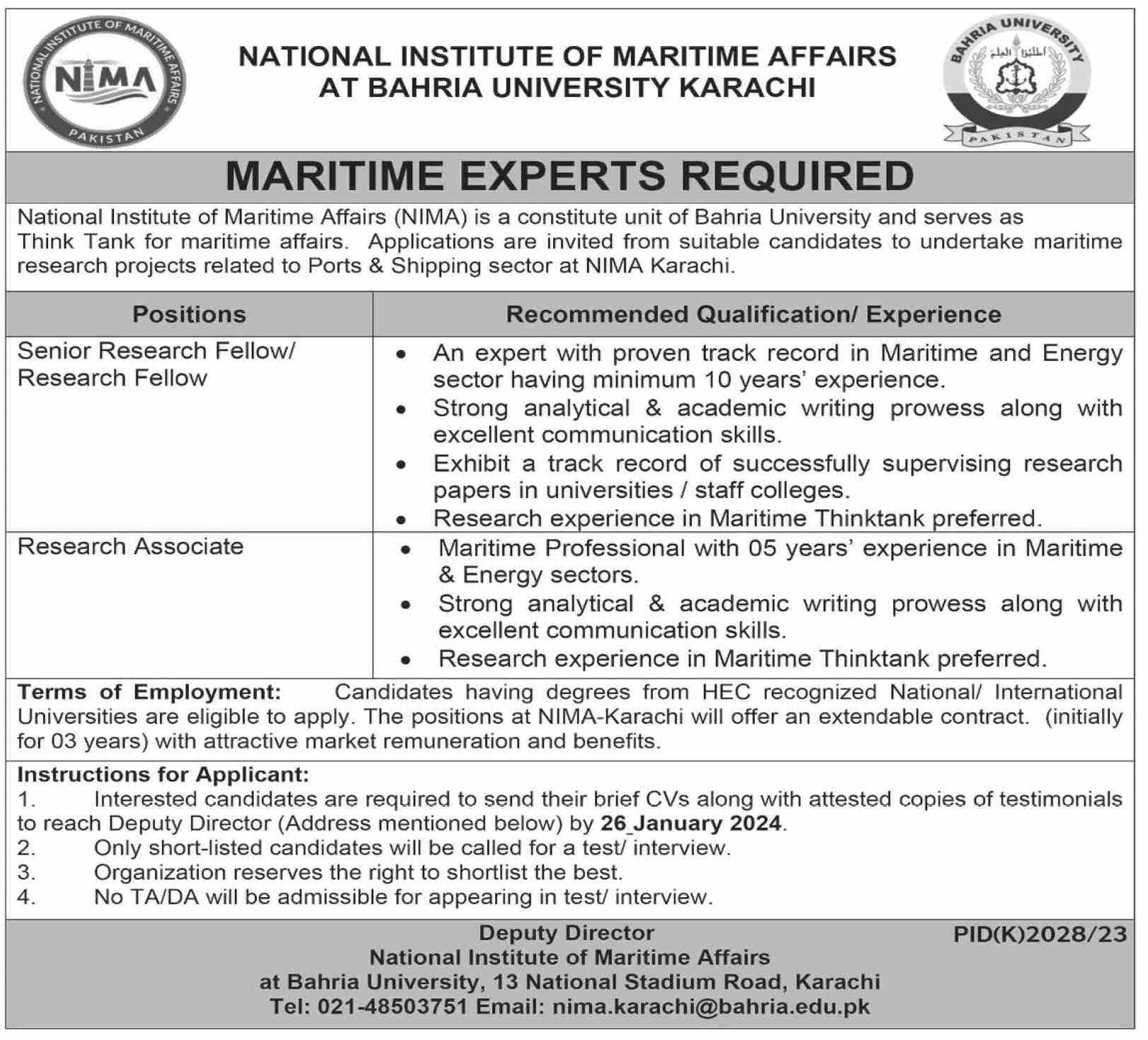 National Institute of Maritime Affairs Karachi Jobs 2024 – University of Karachi Jobs 2024 — original advertisement