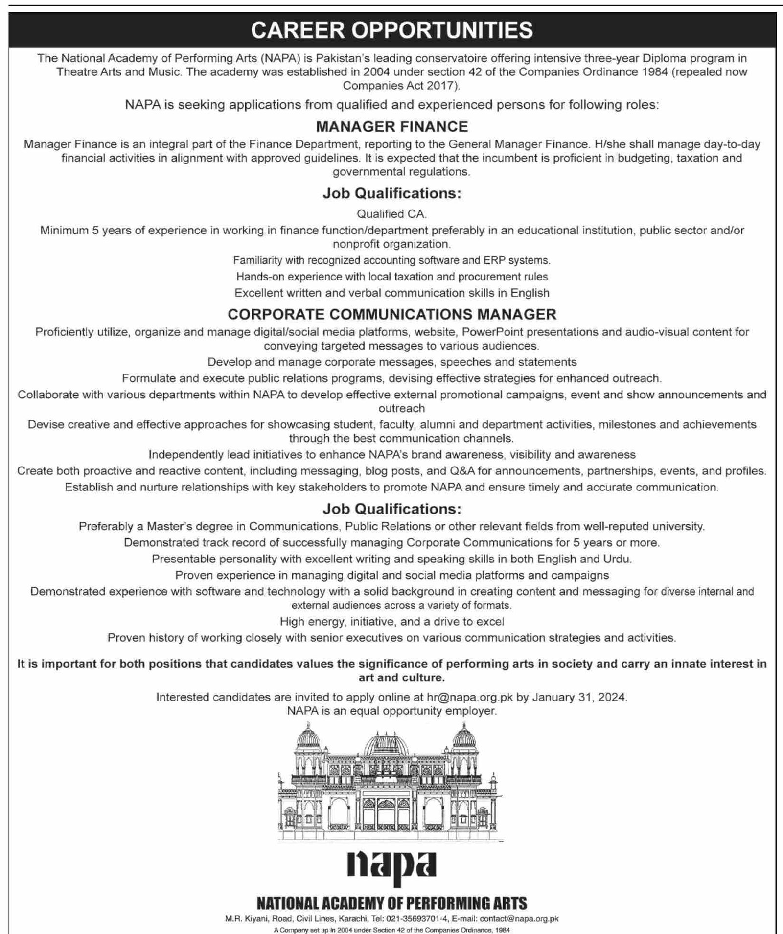 National Academy Of Professional Arts NAPA Jobs 2024 – National Academy Of Performing Art NAPA Jobs 2024 — original advertisement