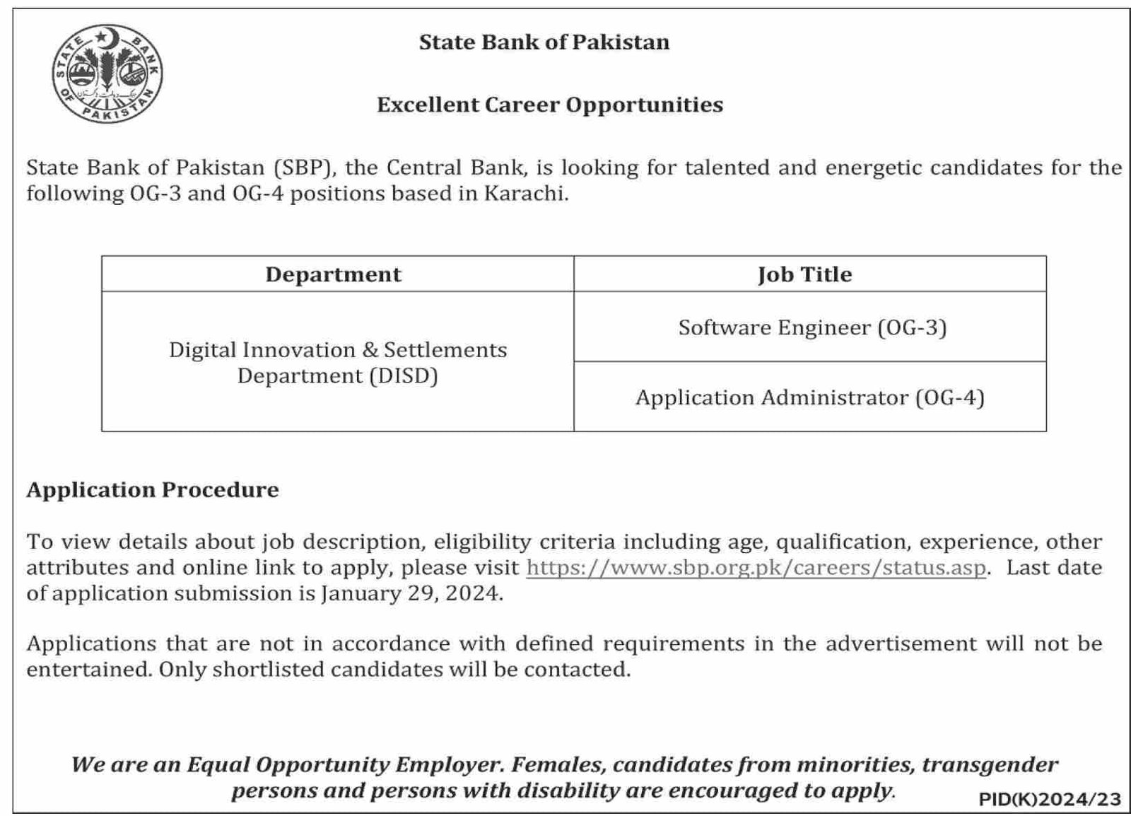State Bank of Pakistan SBP Karachi Jobs 2024 Jobs 2024 — original advertisement