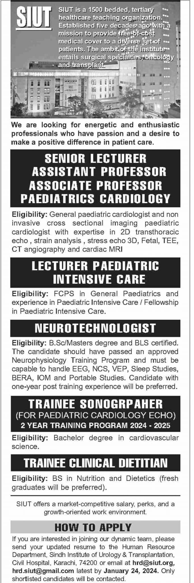 Sindh Institute of Urology and Transplantation SIUT Job 2024 – Sindh Institute of Urology and Transplantation SIUT Karachi Jobs 2024 — original advertisement