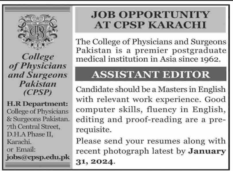 College of Physicians and Surgeons Pakistan Karachi Job 2024 Jobs 2024 — original advertisement