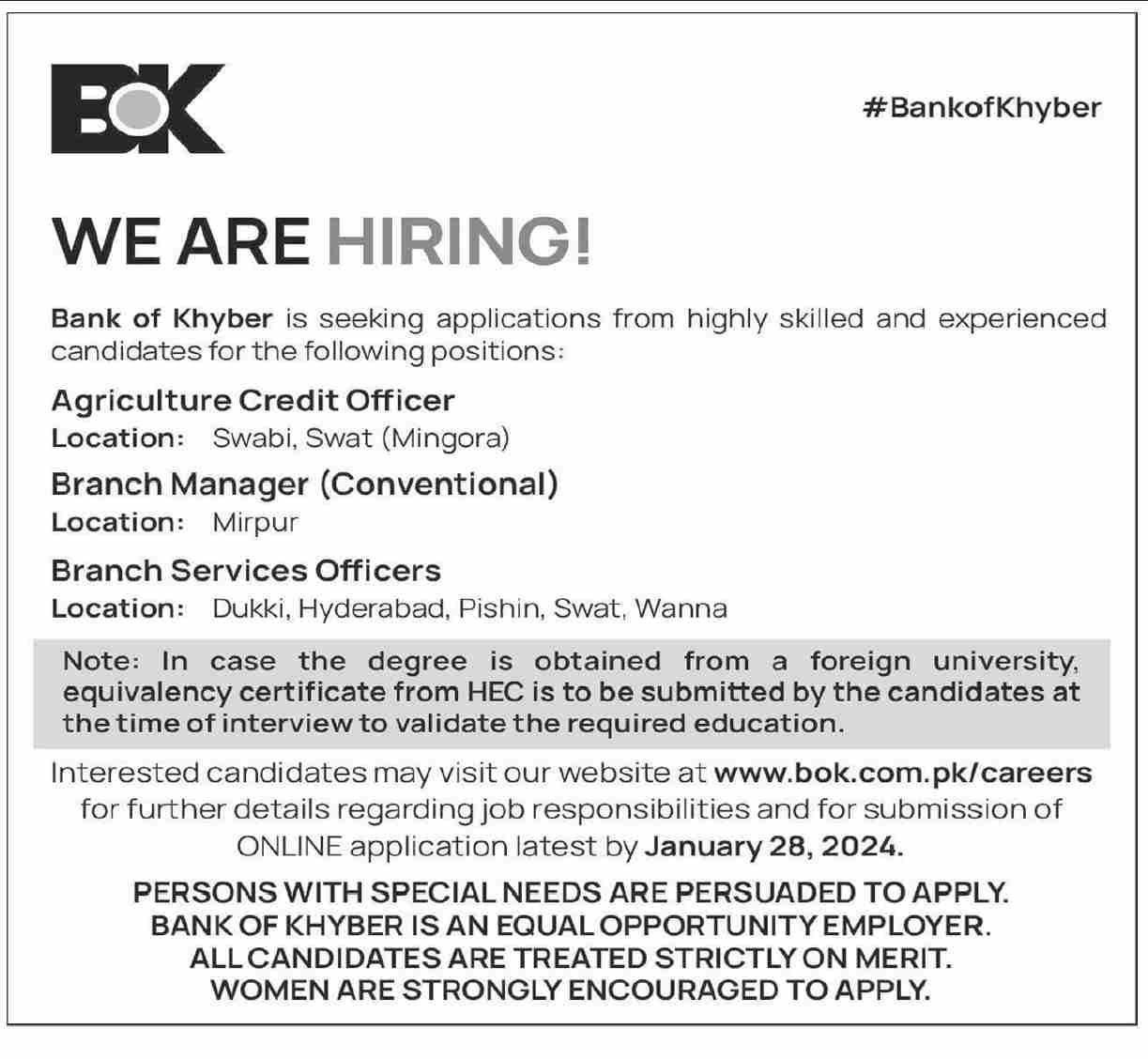 The Bank of Khyber BOK Swabi Jobs 2024 Jobs 2024 — original advertisement