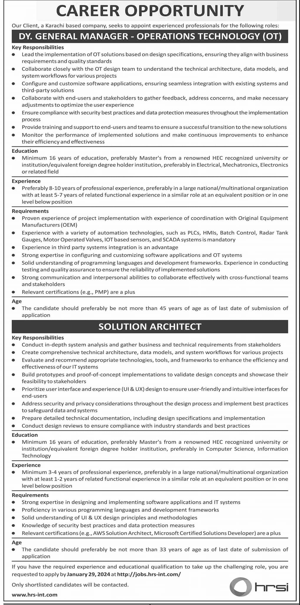 Human Resource Solution International HRSI Karachi Jobs – Private Company Jobs 2024 — original advertisement