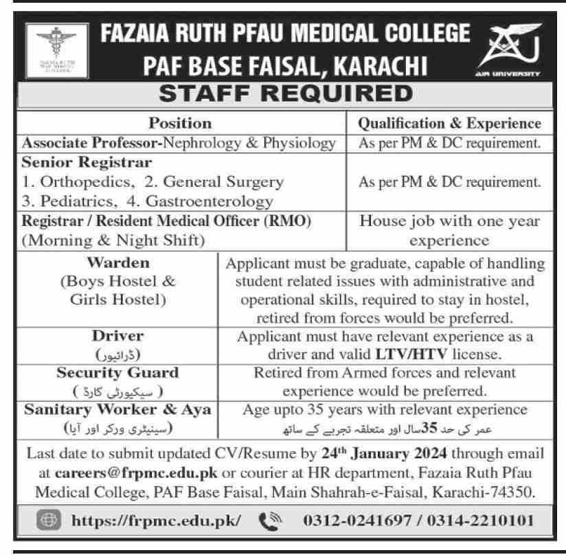 Fazaia Ruth PFAU Medical College Karachi Jobs 2024 – Fazaia Schools & Colleges Jobs 2024 — original advertisement