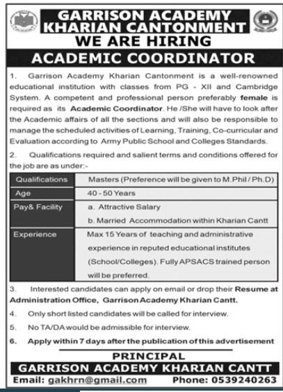 Garrison Academy Kharian Cantonment Jobs 2024 – Pakistan Army Jobs 2024 — original advertisement