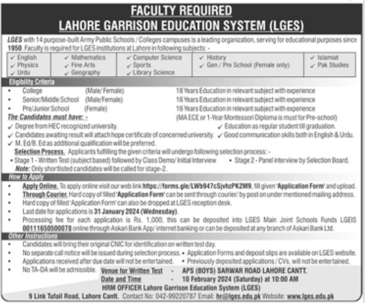Lahore Garrison Education System LGES Lahore Jobs 2024 – Federal Govt Educational Institutes Cantts and Garrisons Jobs 2024 — original advertisement