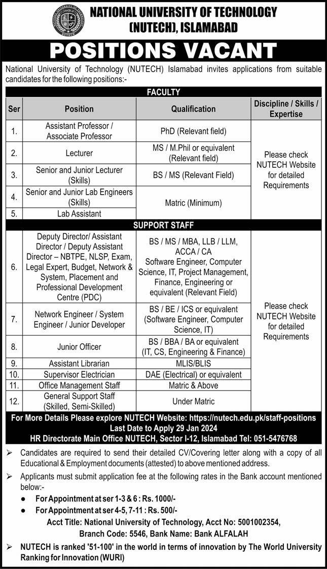 National University of Technology NUTECH Islamabad Jobs 2024 Jobs 2024 — original advertisement