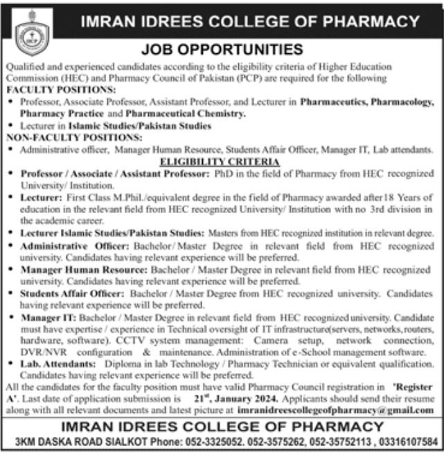 Imran Idress College of Pharmacy Jobs 2024 – Imran Idrees College Of Pharmacy Admissions 2024 — original advertisement