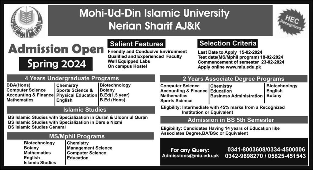 Admissions Mohi-ud-Din Islamic University Nerian Sharif, AJK – Mohi-ud-Din Islamic University Nerian Sharif AJK Admissions 2024 — original advertisement