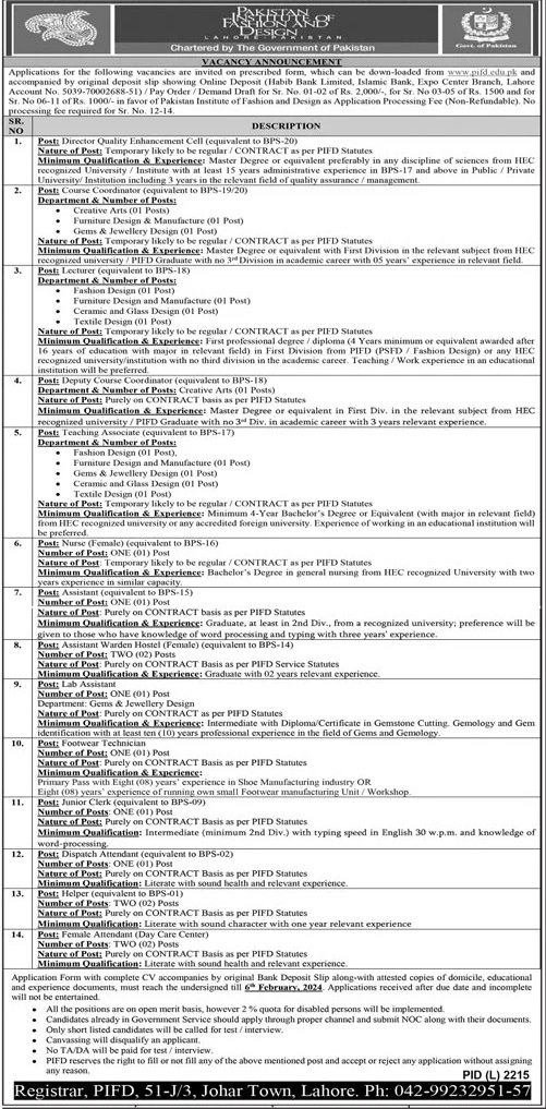Pakistan Institute of Fashion & Design PIFD Lahore Job 2024 – Pakistan Institute of Fashion and Design PIFD Lahore Jobs 2024 — original advertisement