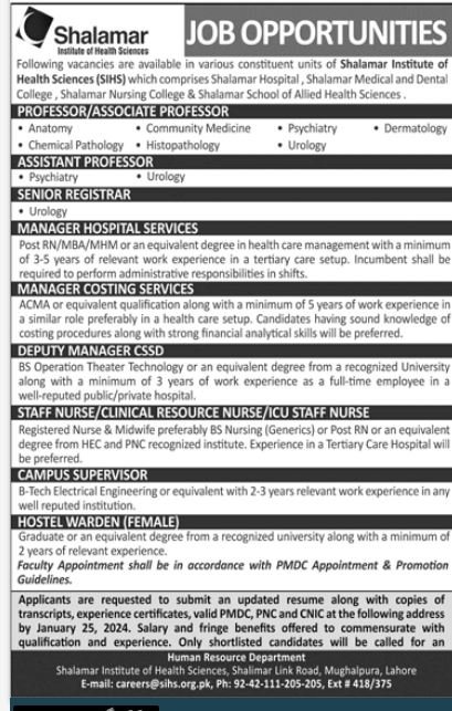 Shalamar Institute Of Health Sciences Jobs 2024 Jobs 2024 — original advertisement