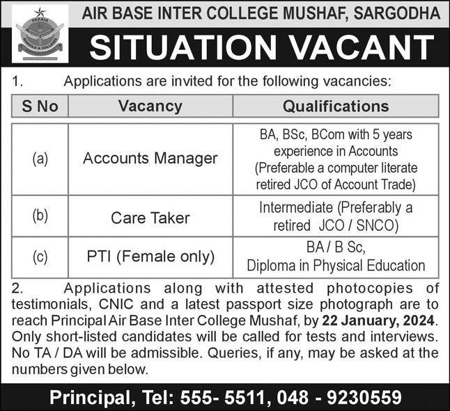Air Base Inter College Mushaf Sargodha Jobs 2024 – Fazaia Schools & Colleges Jobs 2024 — original advertisement