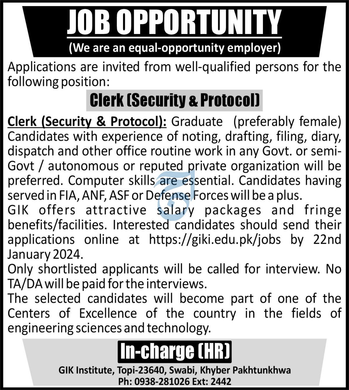 Gik Institute Swabi Khyber Pakhtunkhwa Jobs 2024 – Ghulam Ishaq Khan GIK Institute of Engineering Sciences and Technology Swabi Jobs 2024 — original advertisement