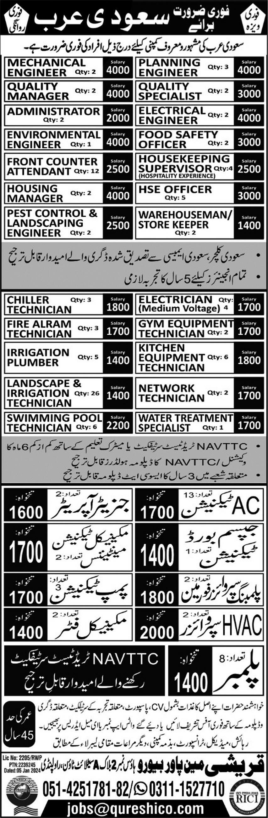 Ac Technician and General Operator Jobs in saudia arabia – Qureshi Manpower Bureau Jobs 2024 — original advertisement
