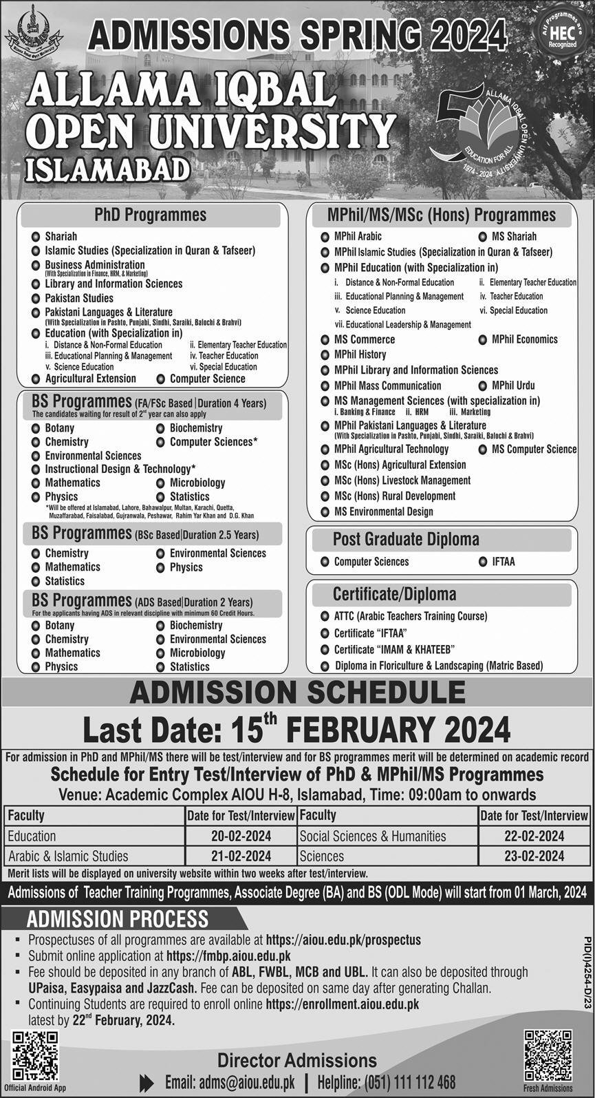 Admissions Open in Allama Iqbal Open University Islamabad Admissions 2024 — original advertisement