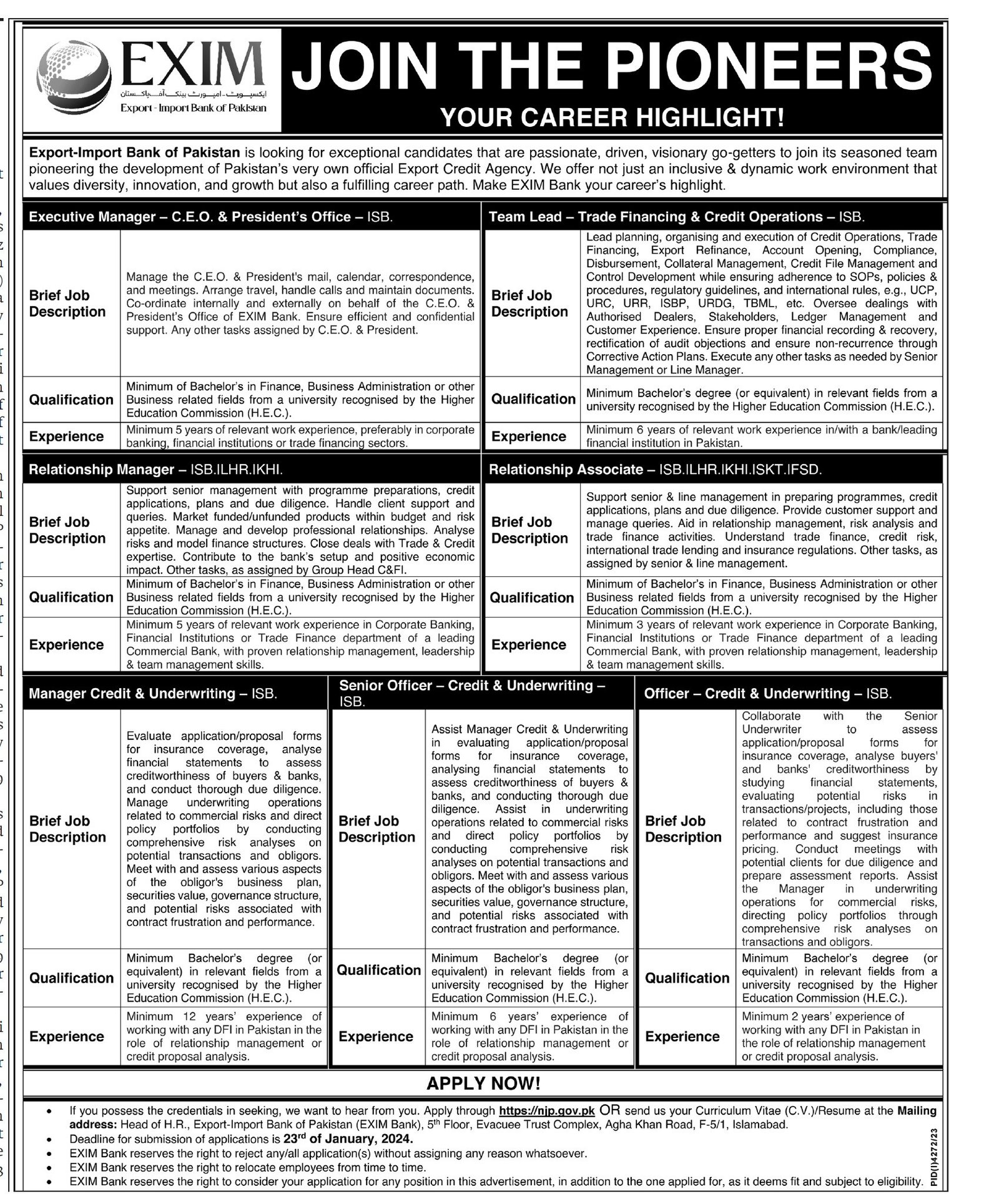 Exim Import Bank of Pakistan Islamabad Jobs 2024 – EXIM Bank of Pakistan Jobs 2024 — original advertisement
