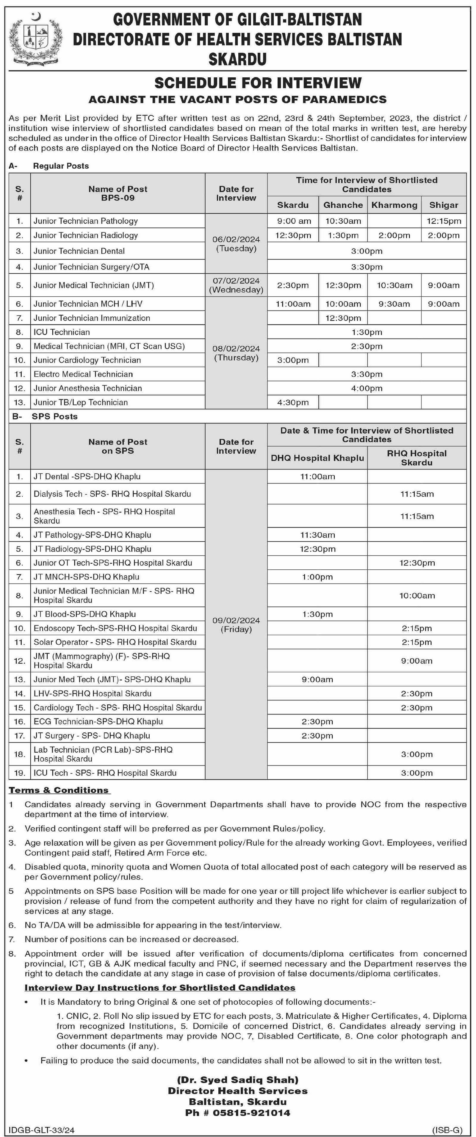Interviews For Jobs At Directorate Of Health Services 2024 – Health Department Gilgitbaltistan Jobs 2024 — original advertisement