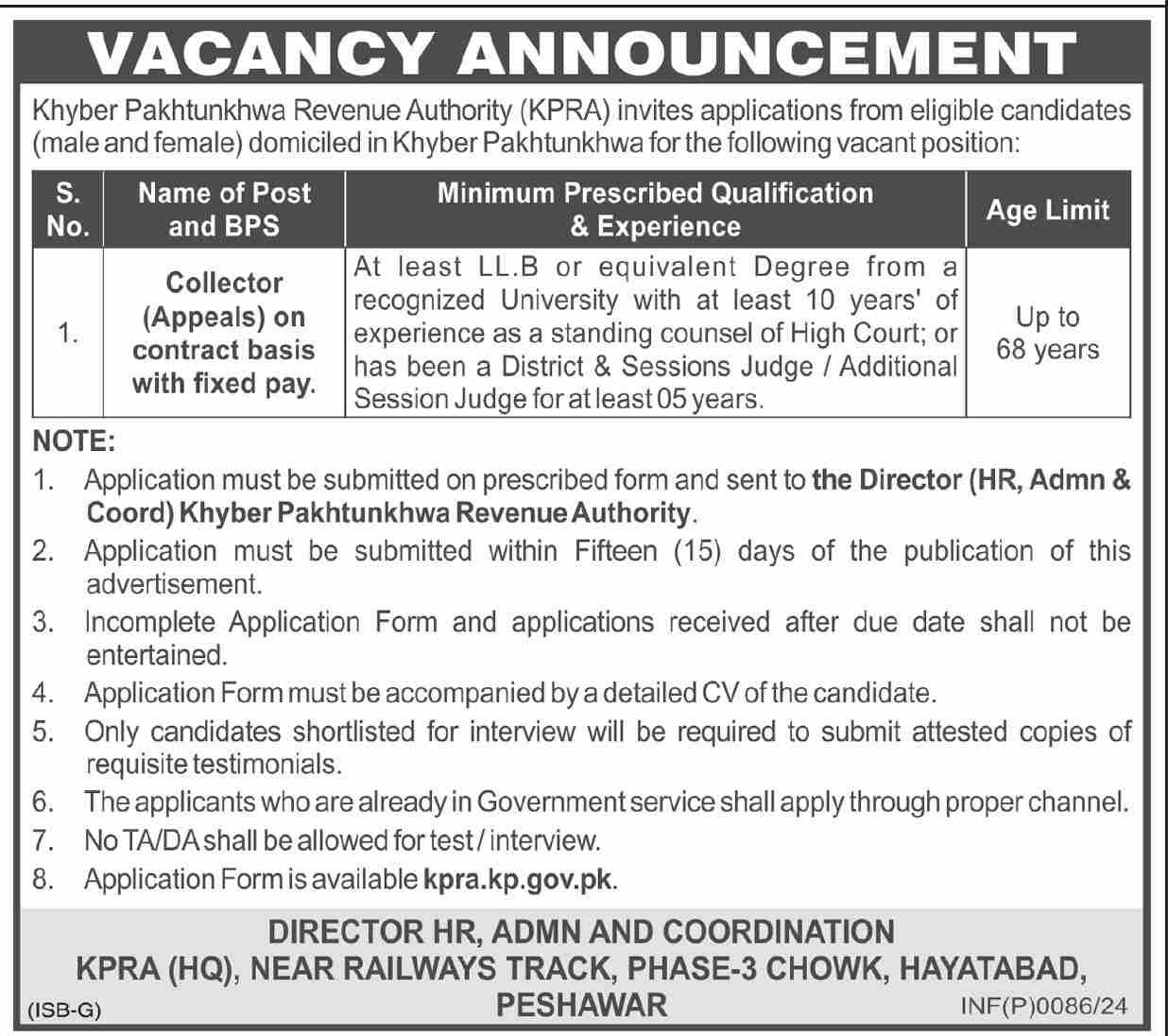 Khyber Pakhtunkhwa Revenue Authority KPRA Peshawar Jobs 2024 – Revenue Department KPK Jobs 2024 — original advertisement