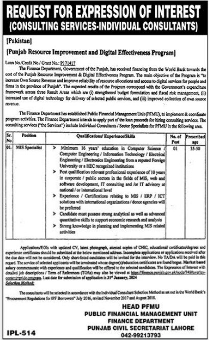 Finance Department Lahore Punjab Jobs 2024 – Govt of Punjab Jobs 2024 — original advertisement