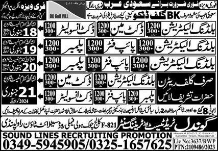 Building Electrician & Pipe Fitter Jobs 2024 In Saudi Arabia – Gondal Trade Test & Training Center Jobs 2024 — original advertisement