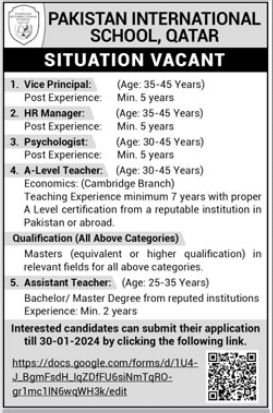 Pakistan International School Qatar Jobs 2024 – Pakistan International School Doha Qatar Jobs 2024 — original advertisement