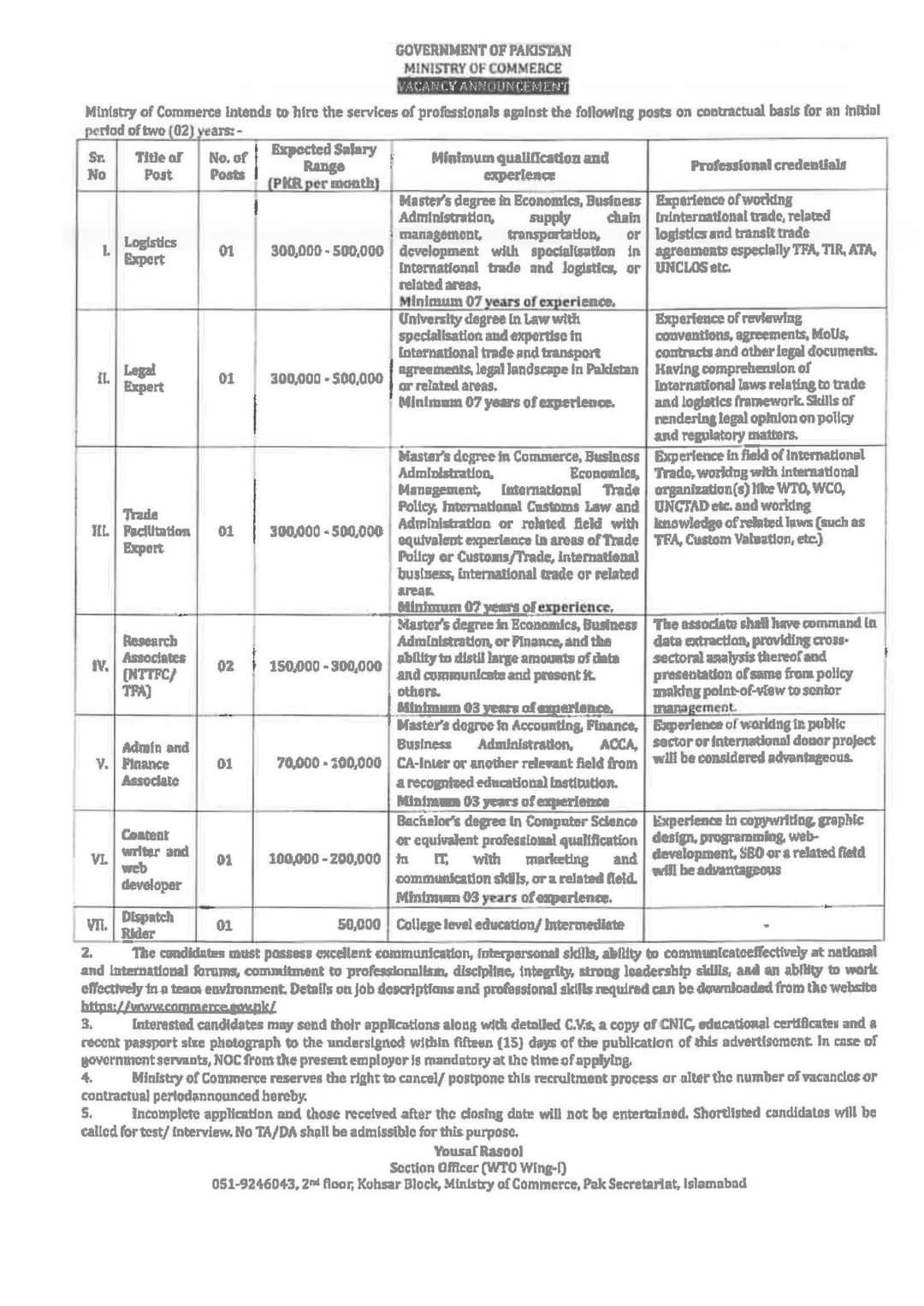 Ministry of Commerce Islamabad Jobs 2024 Jobs 2024 — original advertisement