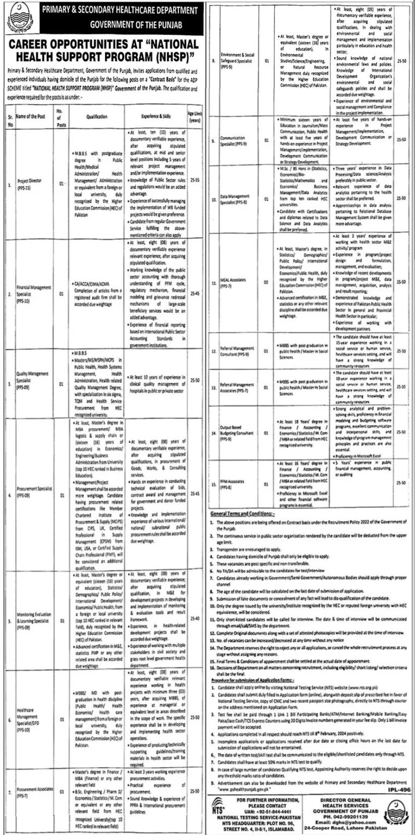 Primary & Secondary Healthcare Department Lahore Jobs 2024 – Health Department Punjab Jobs 2024 — original advertisement