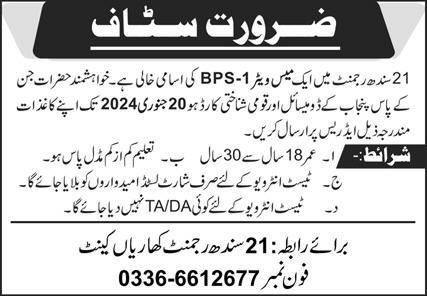 21 Sindh Regiment Kharian Punjab Job 2024 – Pakistan Army Jobs 2024 — original advertisement
