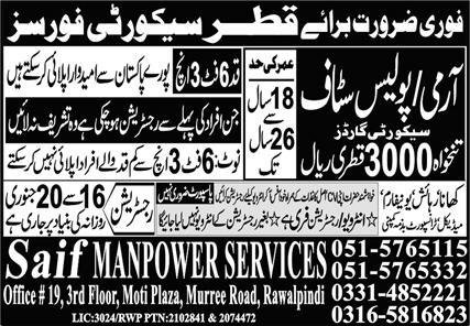 Police Staff & Army Staff Jobs 2024 In Qatar – Saif Manpower Services Jobs 2024 — original advertisement