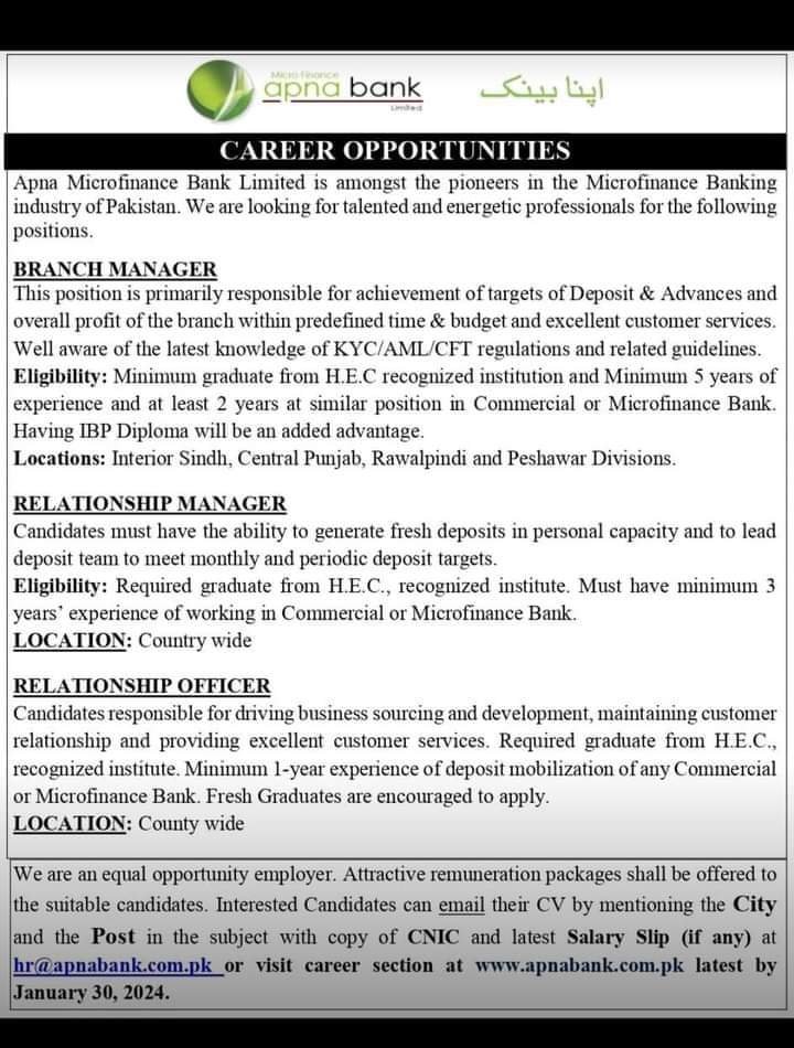 Apna Micro Finance Bank Limited Jobs 2024 Jobs 2024 — original advertisement