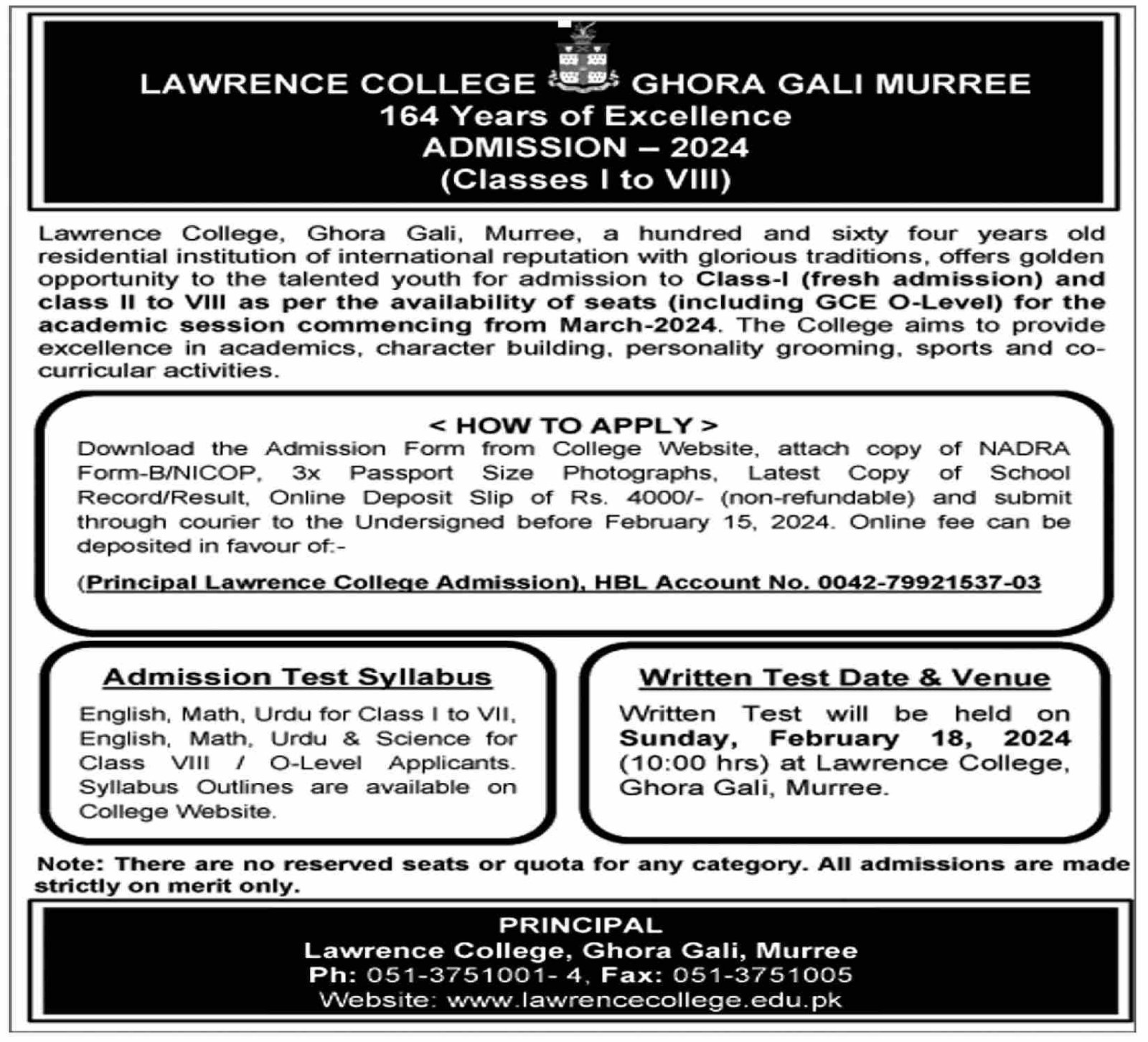 Admissions Open in Lawrence College Ghora Gali Murree 2024 Admissions 2024 — original advertisement