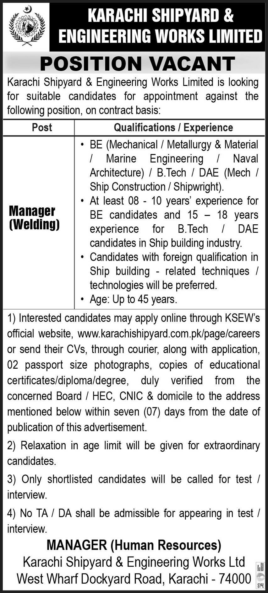 Karachi Shipyard & Engineering Works KSEW Jobs 2024 – Karachi Shipyard & Engineering Works Limited Jobs 2024 — original advertisement