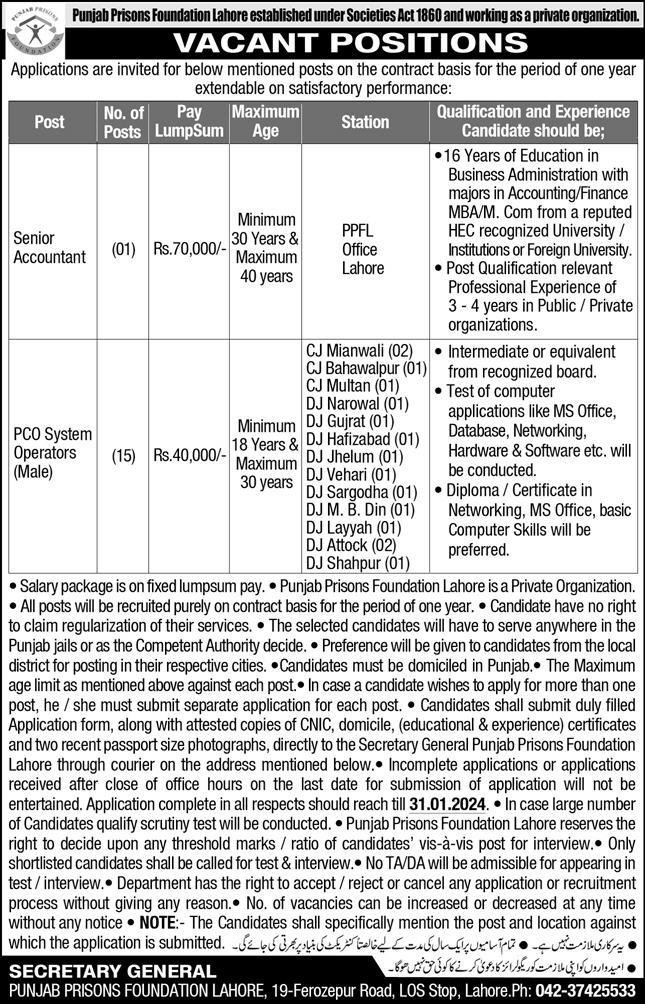 Punjab Prisons Foundation Lahore PPFL Jobs 2024 Jobs 2024 — original advertisement