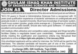 Ghulam Ishaq Khan Institute Swabi Khyber pakhtunkhwa Jobs – Ghulam Ishaq Khan GIK Institute of Engineering Sciences and Technology Swabi Admissions 2024 — original advertisement