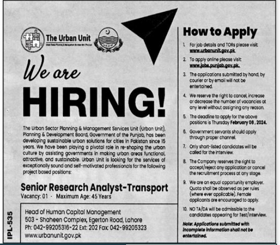 The Urban Unit Punjab Lahore Jobs 2024 Jobs 2024 — original advertisement