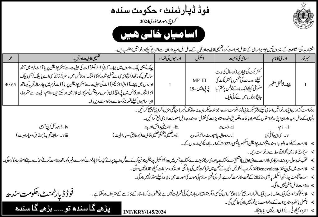 Food Department Karachi Sindh Jobs 2024 – Food Department Sindh Jobs 2024 — original advertisement