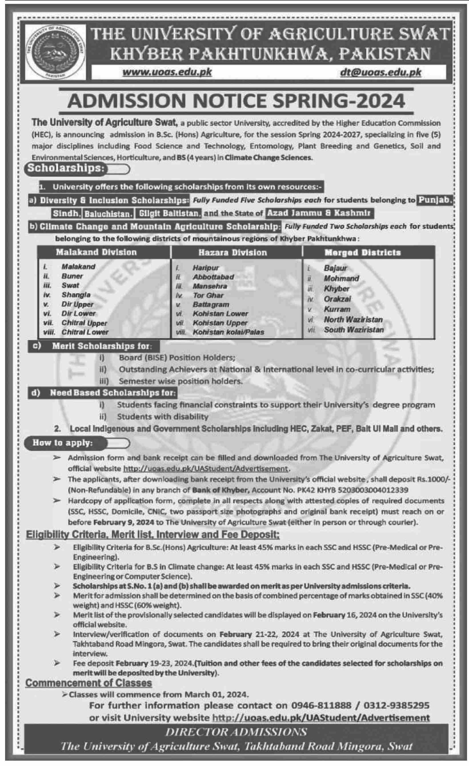 Admissions Open in Uiversity of Agriculture Swat Kpk  2024 – Univerisity of Agriculture Swat Admissions 2024 — original advertisement