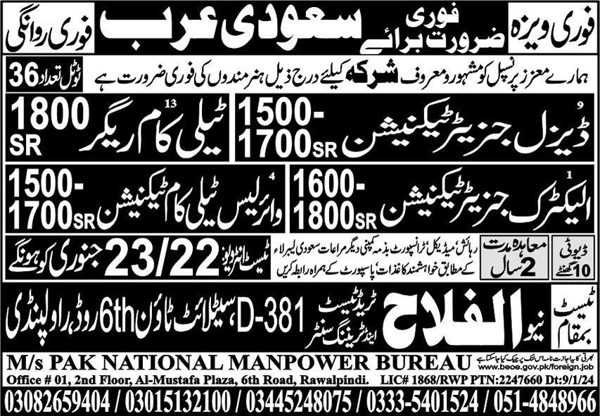Electric Generator Technician & Telecom Rigger Jobs 2024 – Pak National Manpower Bureau Jobs 2024 — original advertisement