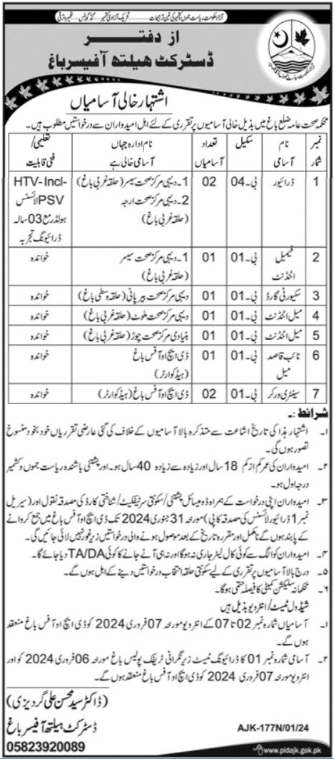 Public Health Department Bagh Jobs 2024 – Health Department Azad Jammu Kashmir Jobs 2024 — original advertisement