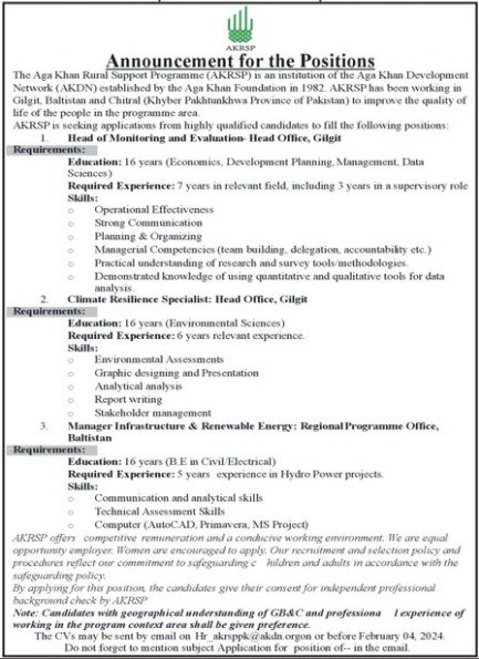 Aga Khan Rural Support Programme Gilgit Jobs 2024 – Aga Khan Education Service Pakistan Jobs 2024 — original advertisement