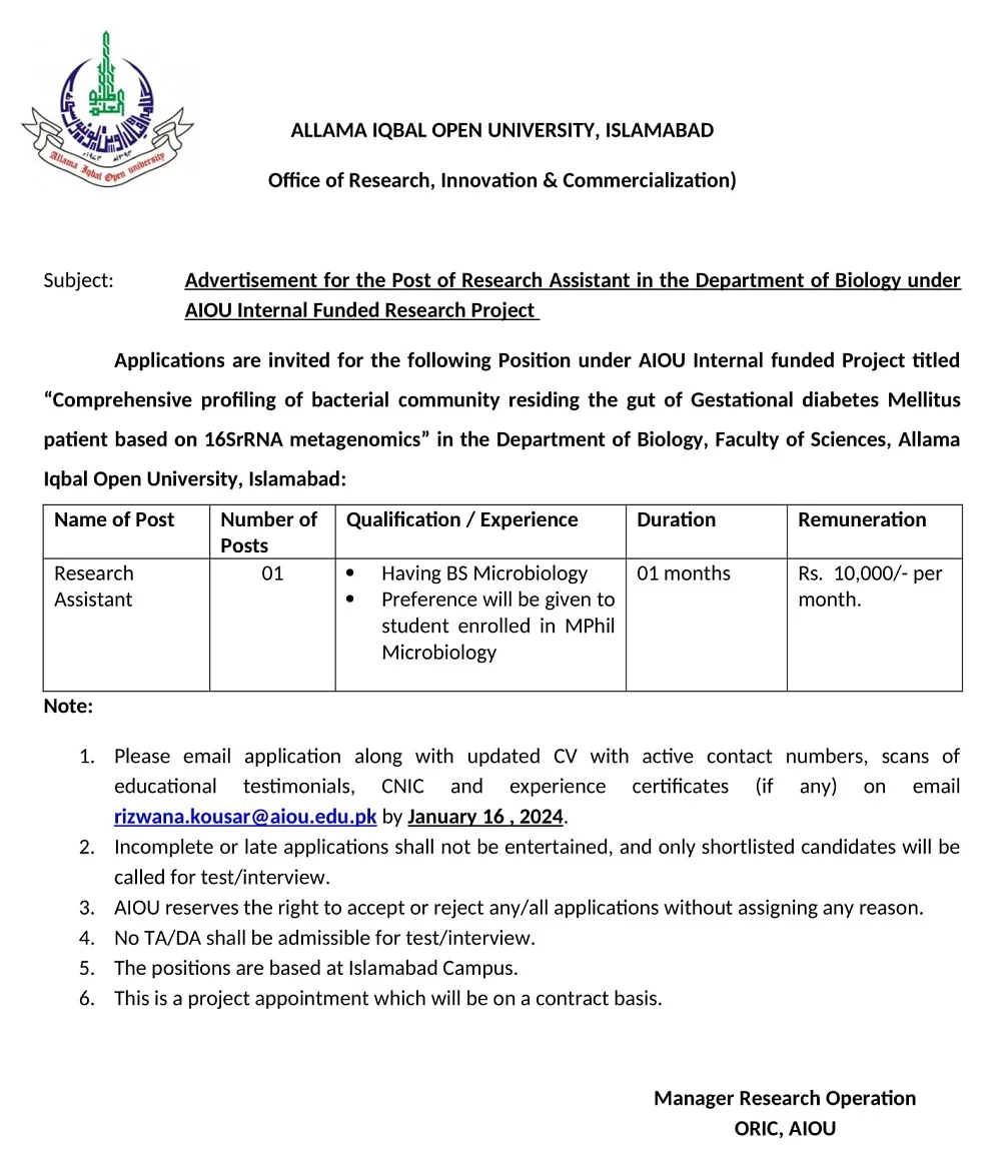 Allama Iqbal Open University AIOU Islamabad Jobs 2024 – Allama Iqbal Open University Islamabad Jobs 2024 — original advertisement