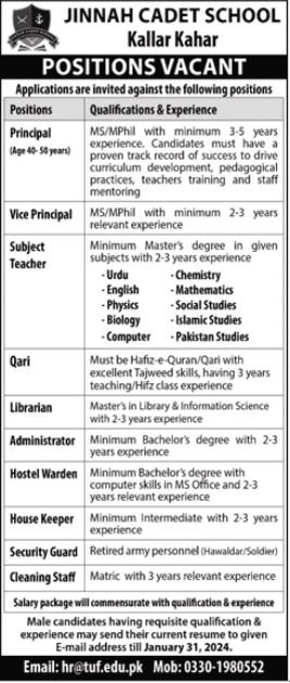 Jinnah Cadet School Chakwal Punjab Jobs 2024 Jobs 2024 — original advertisement